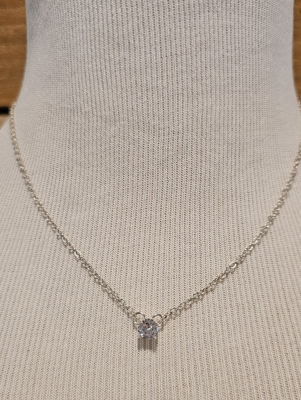 Delicate Cubic Zirconia Solitare On Silvertone Chain